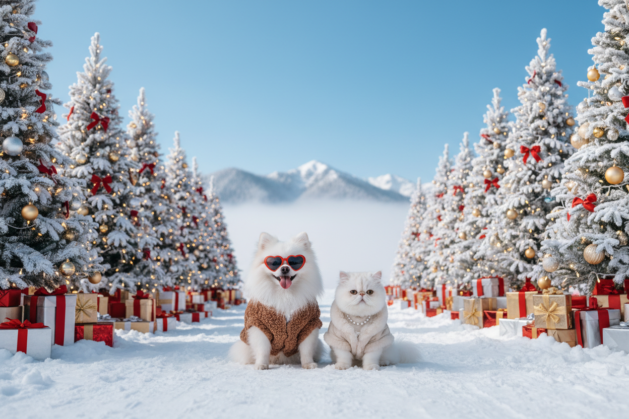 Create a realistic wide image of a white Pomeranian smiling with its tongue out, wearing heart-shaped sunglasses and a fuzzy brown jacket, sitting next to a white Persian cat in a fur jacket and necklace. Both have a luxury winter look, surrounded by snow and Christmas trees and gift boxes, and appear small in proportion to the overall image for mobile and desktop visibility. under blue sky be in the middle of picture 