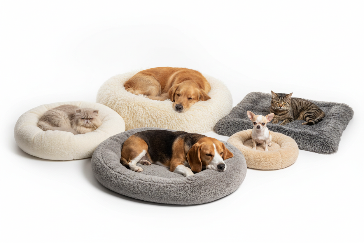 different dogs and cats sleeping or sitting on the luxury furry beds and background is white 