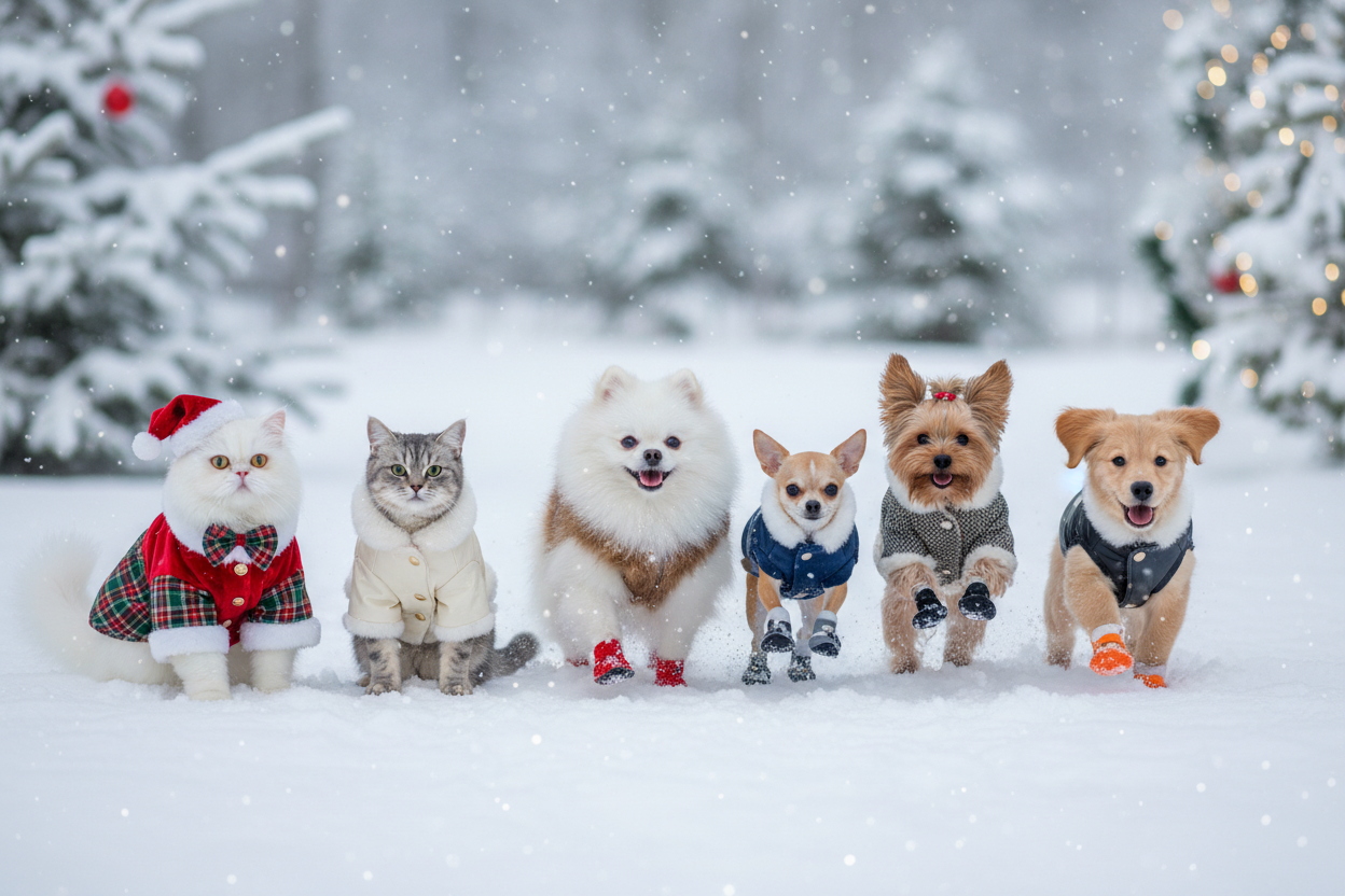 the cat on the left wearing christmassy outfit 